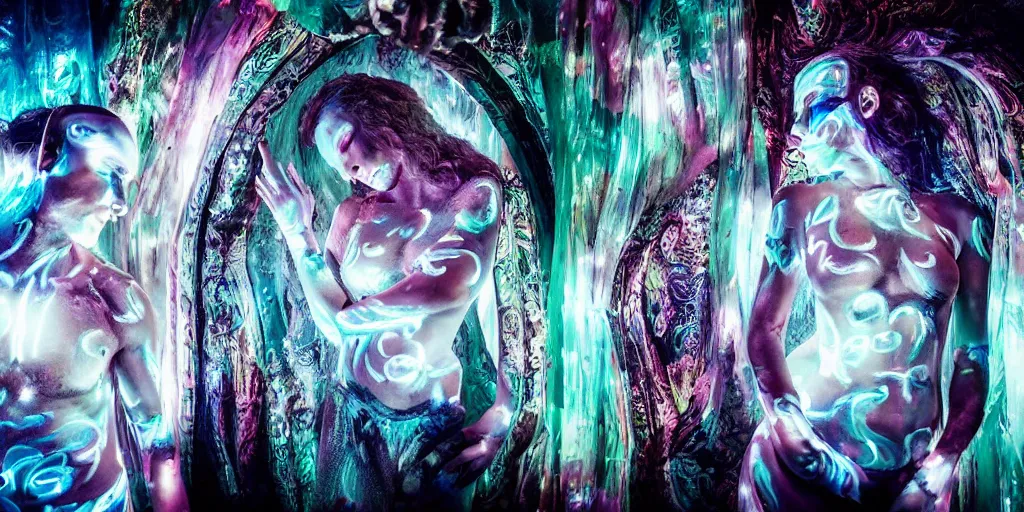 Image similar to love, translucent people with glowing body paint, rebirth, wide angle, cinematic atmosphere, elaborate, highly detailed, dramatic lighting