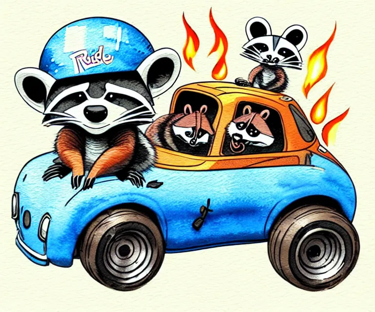 Prompt: cute and funny, racoon wearing a helmet with tiny flame stickers on it riding in a tiny hot rod coupe with oversized engine, ratfink style by ed roth, centered award winning watercolor pen illustration, isometric illustration by chihiro iwasaki, edited by range murata