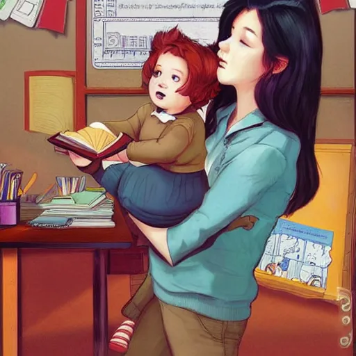 Prompt: a brown haired teacher and red headed child in a classroom during the day, children's book illustration by Ross Tran and Loish