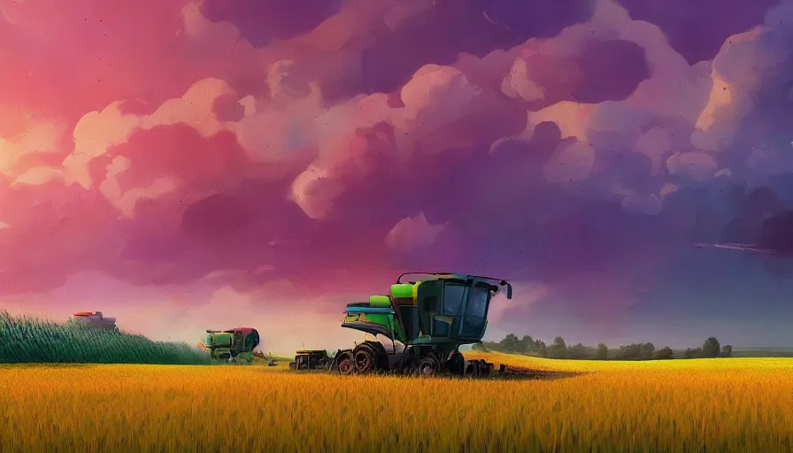 Image similar to colourful sky, wheat field, distant combine harvesters, big trees, matte painting, art station, digital art, simon stalenhag