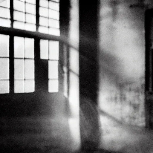 Image similar to a grainy photo of a shadowy figure in a birdcage in an old abandoned hall, black and white, motion blur, long exposure