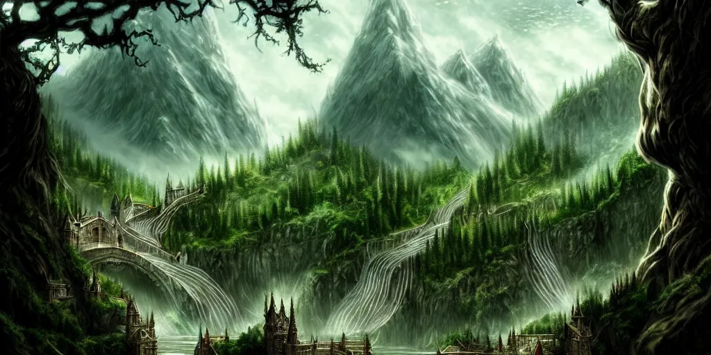 Prompt: lord of the ring. elegant, beautiful elf city. white stone elvish village. rivendell. mountains. beautiful forest. concept art. epic. cinematic. artstation.