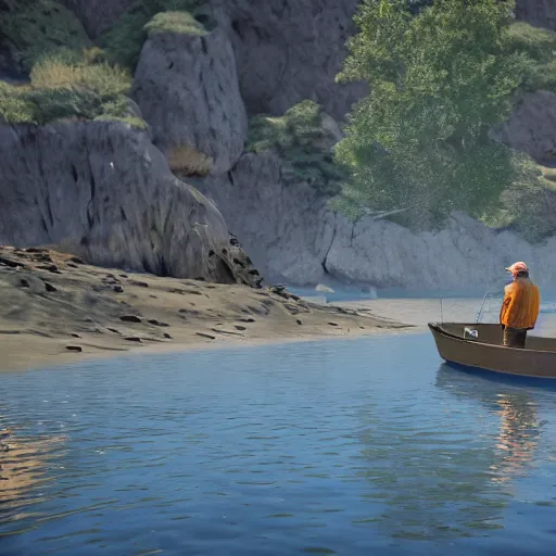 Image similar to Fishermen can be seen fishing at the beginning of the episode as the French Narrator explains their dangerous effects on aquatic species, Realistic, HDR, 8K, HDD, Unreal Engine 5,