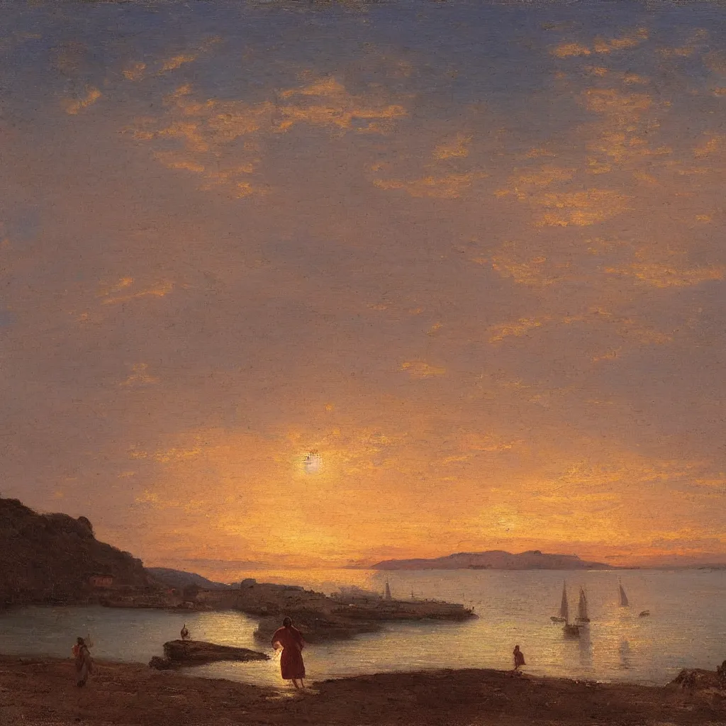 Image similar to a girl on the beach, beautiful sunset, at Ville Franche sur Mer by Claude Lorraine