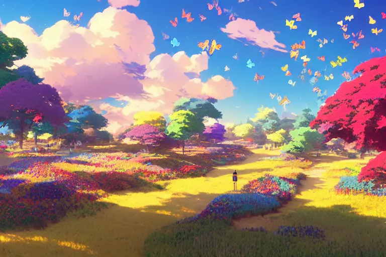 Prompt: A landscape of beautiful colorful butterflies under blue sky by makoto shinkai, thomas kinkade, james gilleard, tone mapping, very detailed