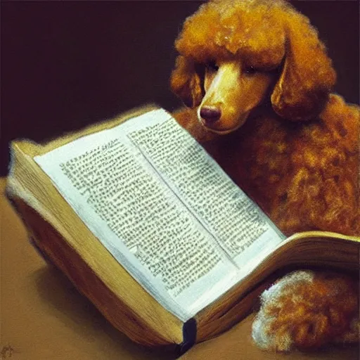 Image similar to “portrait of a poodle reading a book, artstation, high detailed”