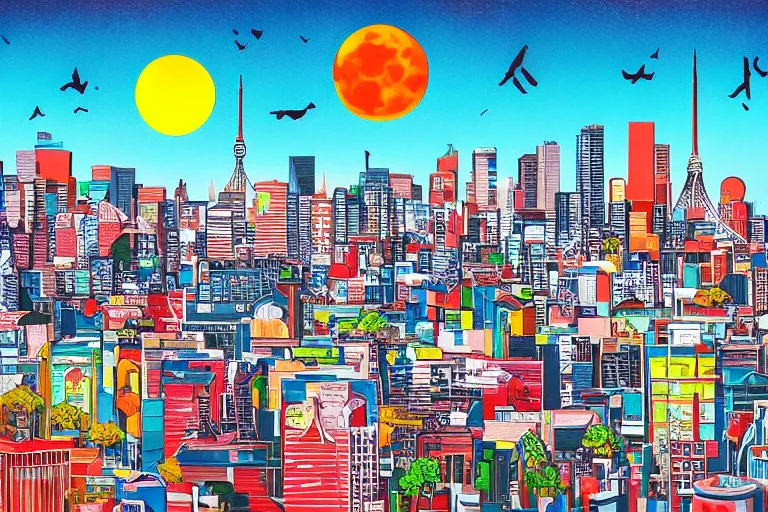 Image similar to wild cityscape, made in tokyo artstyle, colorful, there is a moon in the sky, it is daytime