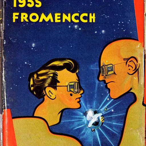 Prompt: 1 9 5 0 s science fiction book cover for isaac asimov's story robot friendship