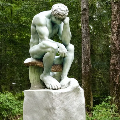 Image similar to The thinker sculpture by auguste rodin, mushrooms at the base , placed in a lush forest, style of William Bartram