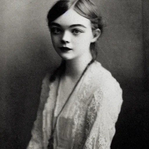 Prompt: Headshot edwardian photograph of Elle Fanning, 1910s, 1900s, 1920s, grainy, victorian, detailed, slightly blurry