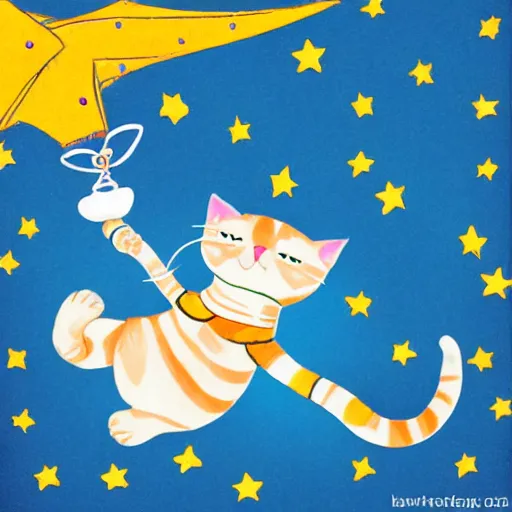 Image similar to baby wizard cat flying across the space with bright stars