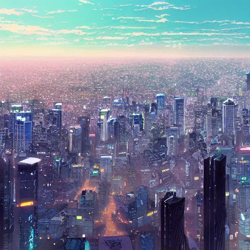 Prompt: The Top of the Skyscraper overlooking the Skyline of Tokyo, Anime concept art by Makoto Shinkai