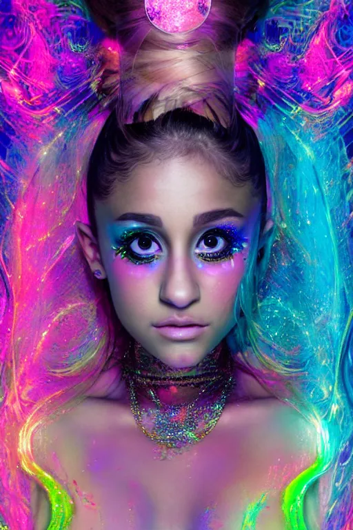 Image similar to a centered render of ariana grande as a mystical raver girl with fluorescent tattoos wearing intricate metallic clothing surrounded by a underwater ink pour and flowing liquid gallium and sacred geometry, perfect body and face, gorgeous, cinematic, beautifully lit, by peter kemp, by karol bak, by donato giancola, 3 d, trending on artstation, octane render, 8 k