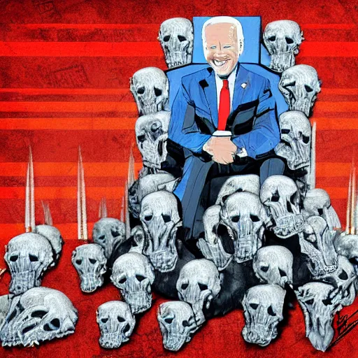 Prompt: Demon Joe Biden sitting on a throne of skulls, digital painting