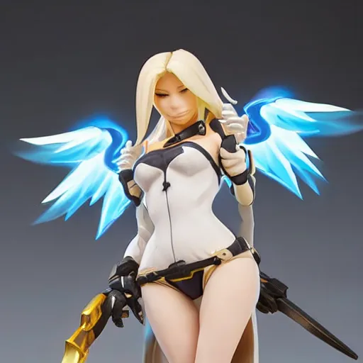 Prompt: still figurine of mercy from overwatch, statue, personification, dynamic pose, amazing details, detailed product photo, official art, featured on pixiv, 8 5 mm, f. 1 4, beautiful composition, anime