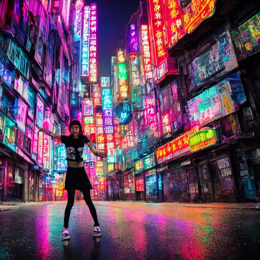 Image similar to photograph of punk girl skateboarding in the city, chinese neon signs, cyberpunk buildings, wet roads at night reflecting the lights from buildings, studio lighting, cloudy night sky, bright neon colors, 4 k, fisheye