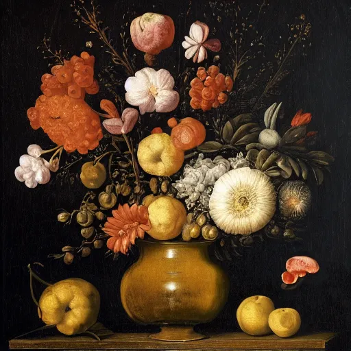 Image similar to a painting of flowers and fruit on a black background, a flemish baroque by jan davidsz. de heem, shutterstock contest winner, baroque, flemish baroque, dutch golden age, rococo