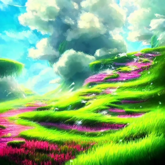 Prompt: a grassy flowery scene with many pools of water, many clouds in the sky!, highly detailed, beautiful lighting, vivid colors!, trending on artstation, deviantart featured, howl's moving castle!, miyazaki!