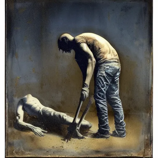 Image similar to one man in a cemetery digging up a dead body, by nicola samori, painting, 8 k, high detail, medium blue, orange, and dark green tones, high quality, sad feeling, high detail, dark colors, sinister atmosphere, dramatic lighting, cinematic, establishing shot, extremely high detail, photo realistic, cinematic lighting, album cover
