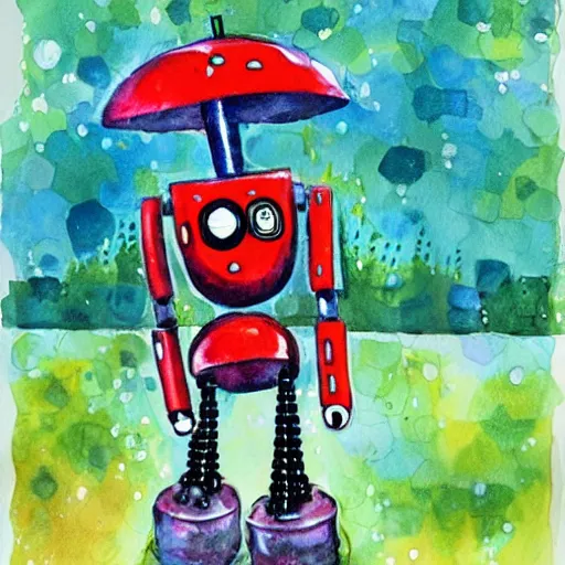 Image similar to robot dancing in the rain, watercolor