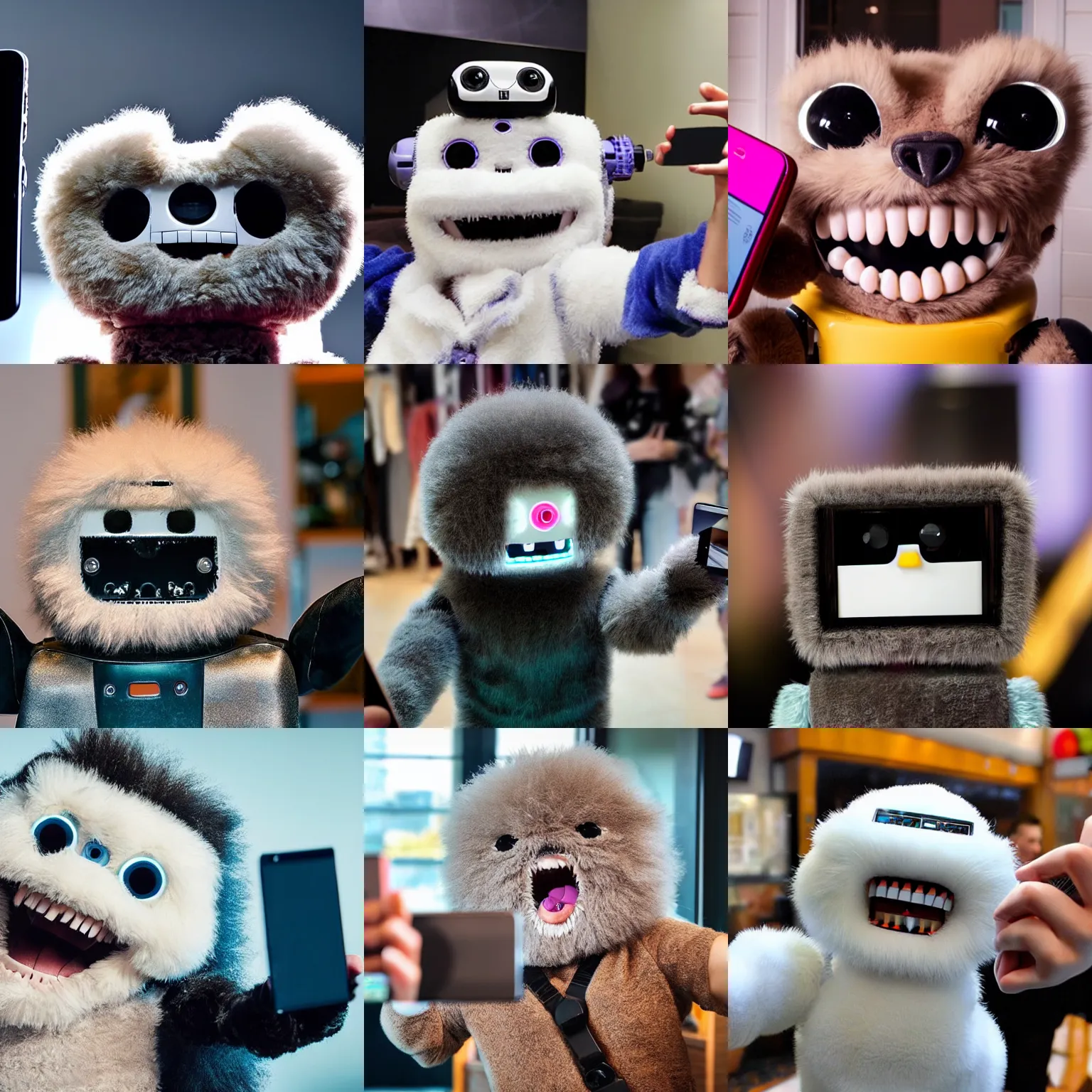 Prompt: <picture quality=hd+ mode='attention grabbing'>an adorable fluffy robot laughs maniacally as it takes a selfie to sell as an NFT</picture>