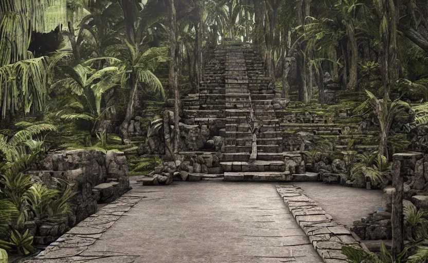 Image similar to Fashion Runway!, Catwalk!!, Platform in a Maya Temple in the Rainforest, Concept Art, Octane, Redshift, 4k