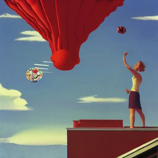 Prompt: Giant ice cubes fly through the air, as a tornado approaches, by Takashi Murakami, Edward Hopper, Bo Bartlett, and Cynthia Sheppard, Artstation