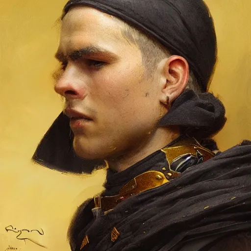 Image similar to Medium closeup young idealistic and pious homely male Imperial soldier wearing a black tabard with light yellow accents over a gambeson and a barbute!!!!! helm, by Raymond Swanland Greg Rutkowski Lise Deharm, {perfect face}, {perfect eyes}, {uncertain look}, {on edge}