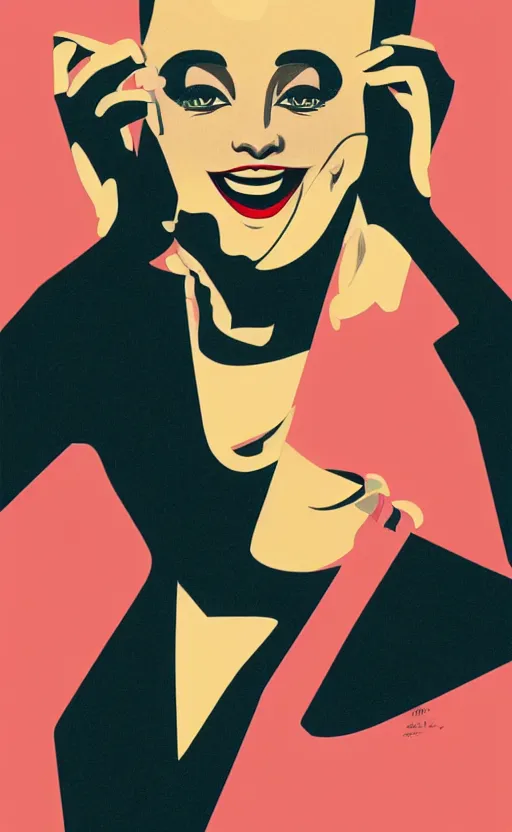 Image similar to illustration portrait of a woman with white buzzcut laughing out loud, art deco painting by tom whalen, by tomer hanuka, funny meme photo, trending on behance, digital illustration, storybook illustration, grainy texture, flat shading, vector art, airbrush, pastel, watercolor, poster