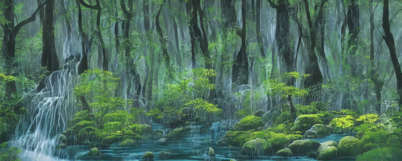 Image similar to deep forest, small rainbow river waterfall, light shimmering, water mists, big medium and small stones, wild flowers, subtle color variantions, summer rain, gentle mists, a white robed benevolent magician clothed in a royal garment in contemplation and meditation casts a benevolent white magic spell, by Eyvind Earle and Mary Blair