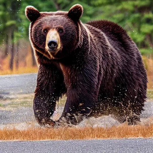 Image similar to a bear chasing a car, highly detailed, 4 k, trail cam footage