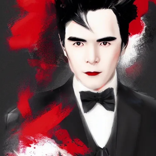 Prompt: full face shot of a handsome butler with straight black hair, a red streak in his hair, with black and red eyes, shy smile, fancy, ultra detailed, brush strokes, digital painting, cinematic, wlop artstation, pixiv, yoshitaka amano, andy warhol, ultra realistic,