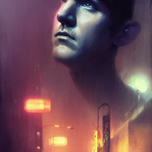 Image similar to bo burnham, hyperrealistic portrait, bladerunner street, art of elysium by jeremy mann and alphonse mucha, fantasy art, photo realistic, dynamic lighting, artstation, poster, volumetric lighting, very detailed face, 4 k, award winning