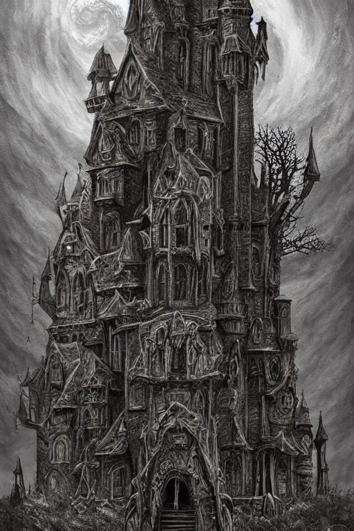 Prompt: haunted gothic castle, lovecraft, photorealistic, dark, atmospheric lighting, painted, intricate, ultra detailed by leesha hannigan, thierry doizon, kai carpenter, well composed, best on artstation, cgsociety, epic, stunning, gorgeous, intricate detail colorful