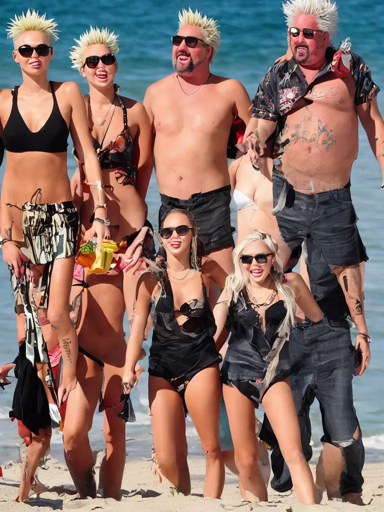 Image similar to olivia munn and miley cyrus and guy fieri on a vacation at the beach