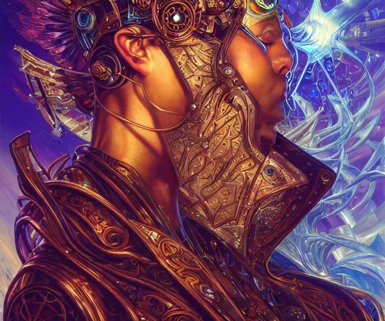 Image similar to a beautiful tarot card artwork of a cyberpunk crystal paladin, backlit, dazzling, highly detailed, digital painting, by karol bak and justin gerard and dan mumford and artgerm, vivid colors, masterpiece, detailed shading, 8 k resolution, intricate, smooth