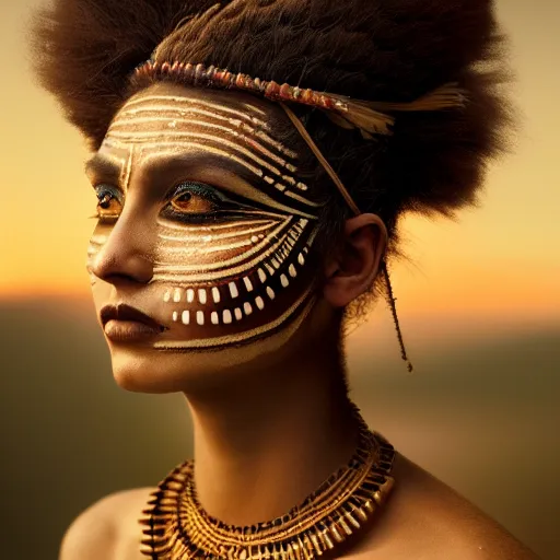 Image similar to photographic portrait of a stunningly beautiful renaissance female with tribal makeup in soft dreamy light at sunset, contemporary fashion shoot, by edward robert hughes, annie leibovitz and steve mccurry, david lazar, jimmy nelsson, breathtaking, 8 k resolution, extremely detailed, beautiful, establishing shot, artistic, hyperrealistic, beautiful face, octane render