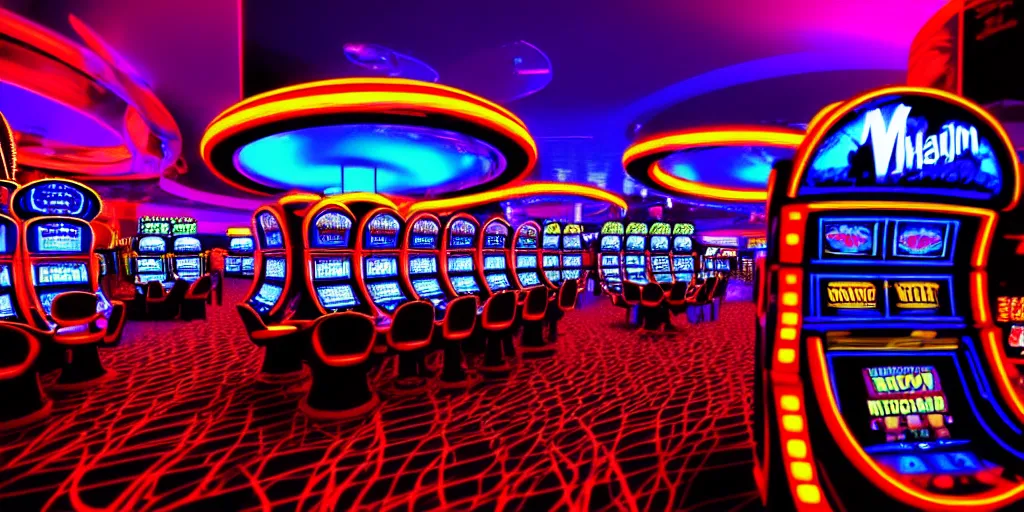 Prompt: minimalistic extreme wide angle curved perspective digital art of indoor casino with alien shaped slot machines, with roulettes in the roof, by anton fadeev from nightmare before christmas, 8 k, octane renderer