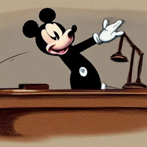 Image similar to detailed background courtroom sketch of vintage disney character mickey mouse presenting evidence of copyright infringement to the judge bench court room wooden serious dark tone