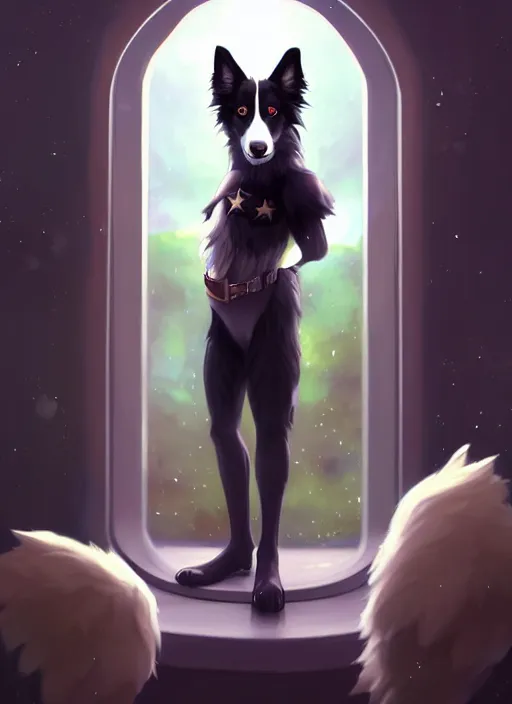 Image similar to wide angle beautiful full body portrait of a cute male anthropomorphic border collie fursona wearing a starfleet uniform on a starsheep and posing in front of a window, character design by charlie bowater, henry asencio, and ross tran, furry art, furaffinity, scenic background, beautiful, glamor pose, detailed, trending on artstation