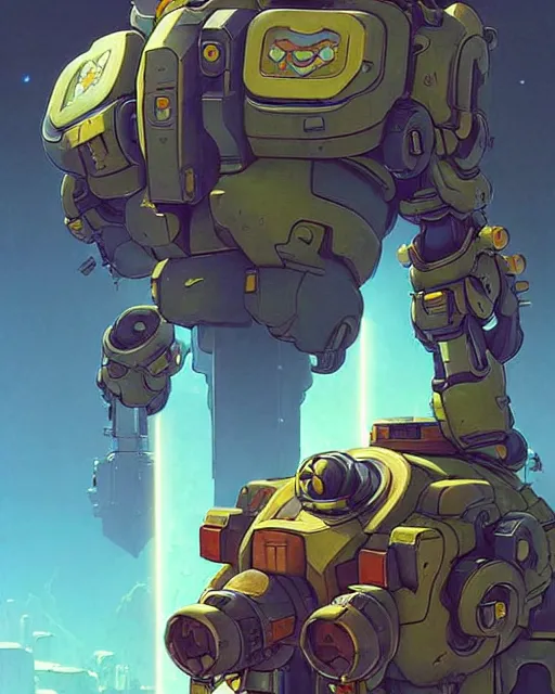 Image similar to bastion from overwatch, character portrait, portrait, close up, concept art, intricate details, highly detailed, vintage sci - fi poster, retro future, in the style of chris foss, rodger dean, moebius, michael whelan, katsuhiro otomo, and gustave dore