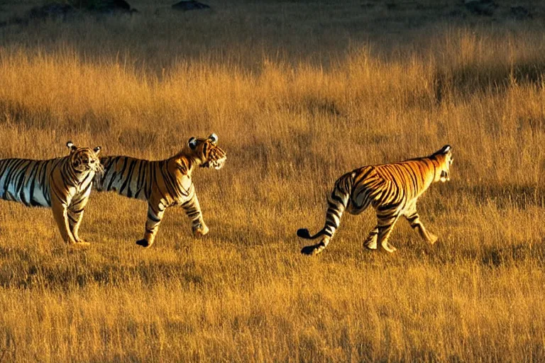 Image similar to tiger in the left, antelope in the right, the antelope is chasing the tiger, golden hour, 6 0 0 mm, wildlife photo, national geographics