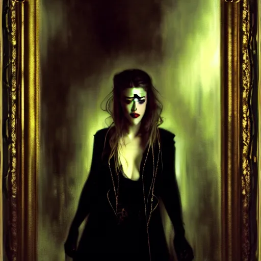 Image similar to hyperrealistic portrait of amber heard as a vampire witch in a black coat as a reflection in an ornate mirror. by jeremy mann and alphonse mucha, fantasy art, photo realistic, dynamic lighting, artstation, poster, volumetric lighting, very detailed faces, 4 k, award winning