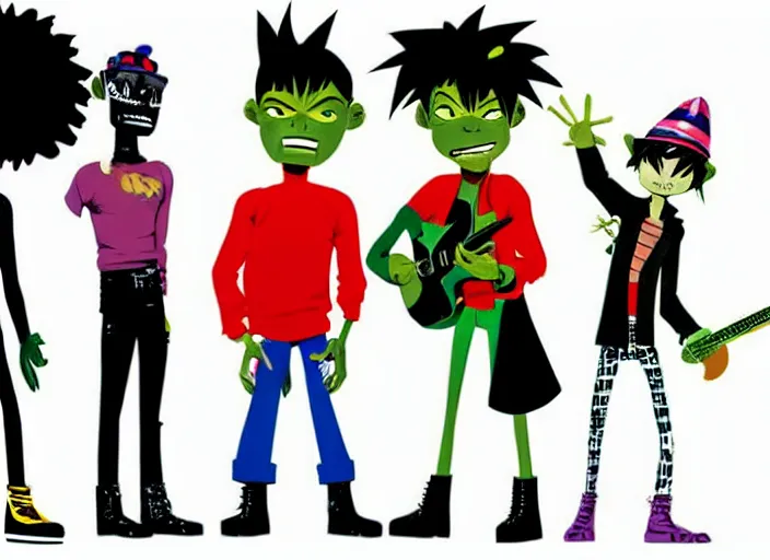 Image similar to gorillaz, official art by jamie hewlett, press shot, four characters in a line, gorillaz style