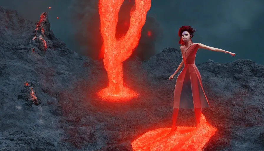 Image similar to A fashion Catwalk on a active volcano spewing lava, Fashion Photography, Octane, Redshift, High Detail