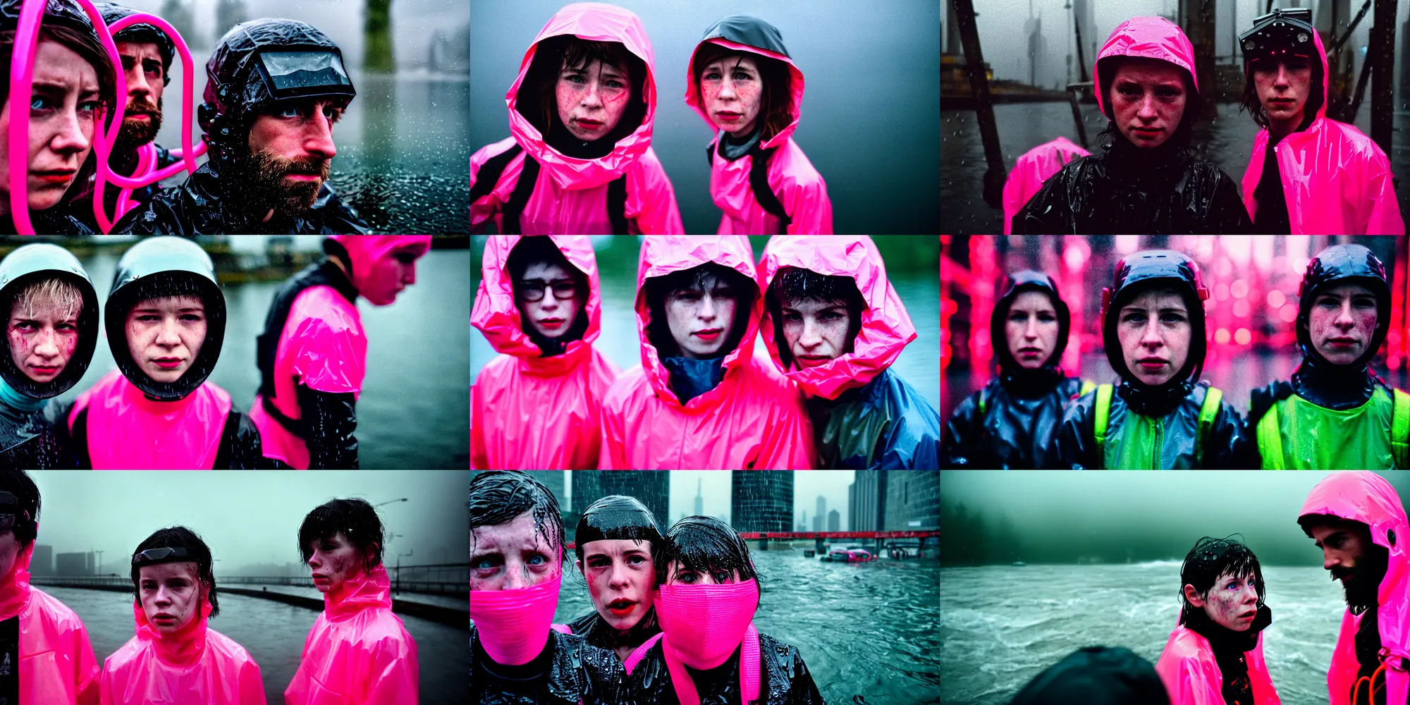 Prompt: cinestill 5 0 d candid photographic portrait by helen levitt of two grumpy looking cyborgs wearing rugged neon pink mesh techwear in treacherous waters, extreme closeup, modern cyberpunk moody depressing cinematic, pouring rain, 8 k, hd, high resolution, 3 5 mm, f / 3 2, ultra realistic faces, ex machina