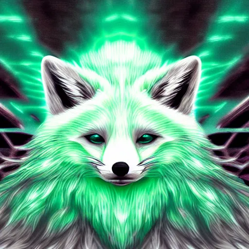 Prompt: digital chill green and whitish fox, retrowave palette, digital world, highly detailed, electric breeze, anatomically correct vulpine, synth feel, fluffy face, ear floof, flowing fur, super realism, accurate animal imagery, 4 k digital art