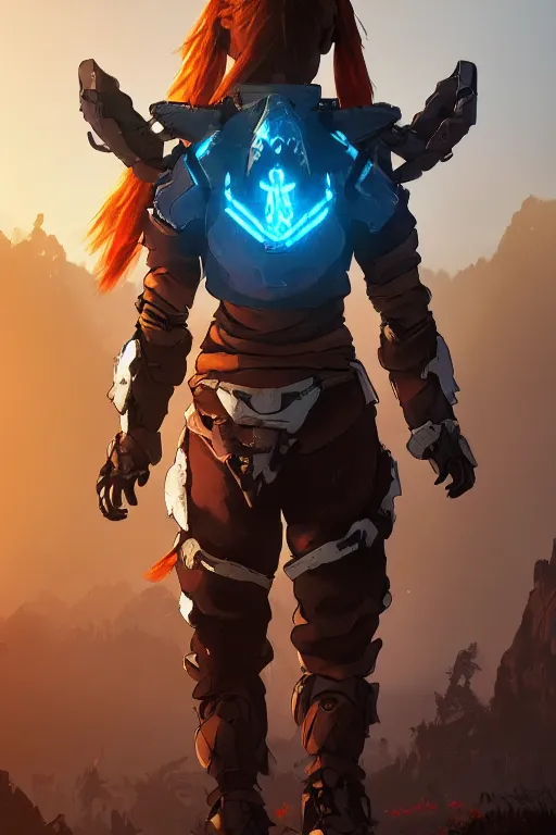 Image similar to combination suit armor aloy horizon forbidden west horizon zero dawn radiating a glowing aura global illumination ray tracing hdr fanart arstation by ian pesty and alena aenami artworks in 4 k tribal robot ninja mask helmet backpack