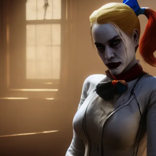 Prompt: Film still of Harley Quinn, from Red Dead Redemption 2 (2018 video game)