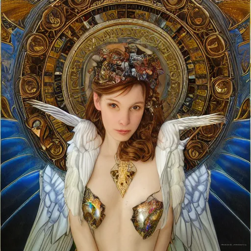 Image similar to white bull with angelic wings, drawn by Donato Giancola and Artgerm, Light by Julie Bell, design by alphonse mucha, background by James Jean and gustav klimt and John Marshall Gamble, 4k, volumetric lighting, french nouveau, trending on artstation, octane render, hyperrealistic